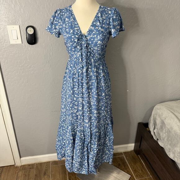 Gap Ruched V-Neck Maxi Dress, Blue, XS Petite 822308 - Picture 1 of 6